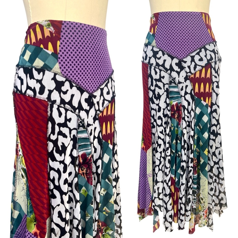 Vtg Y2K Alberto Makali Sz 2 S Mesh Fairy Skirt Patchwork Print Handkerchief Hem